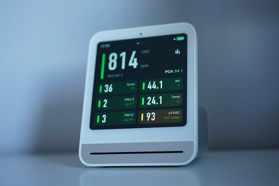 air quality monitor showing indoor pollution reading