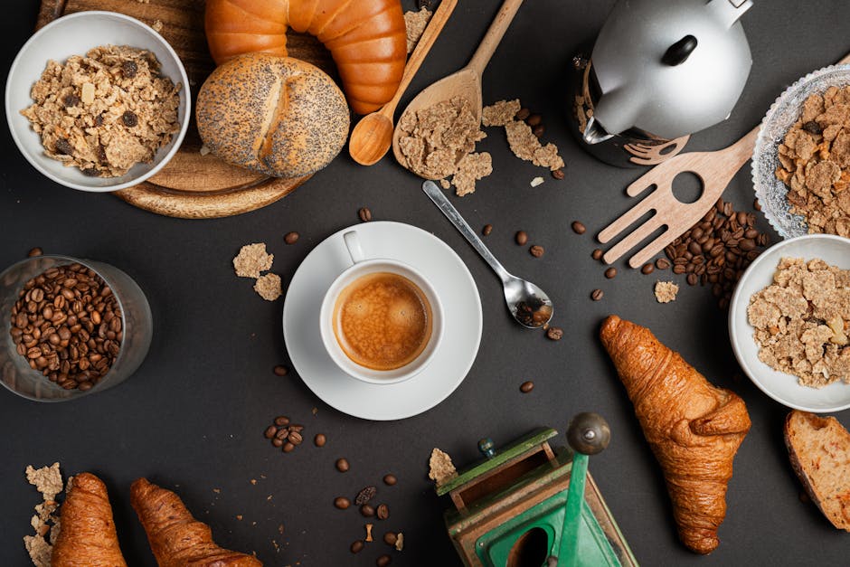 Brazilian breakfast ingredients spread flat lay