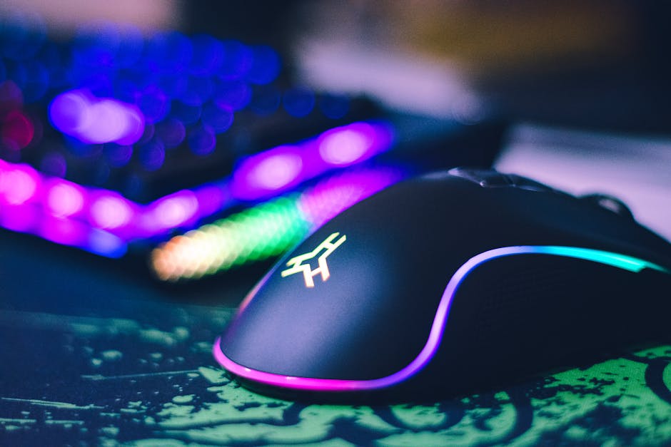 close up of gaming mouse with colorful RGB lighting