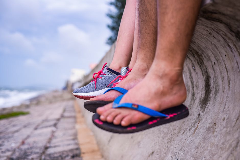 close up of rubber flip flop soles showing texture patterns