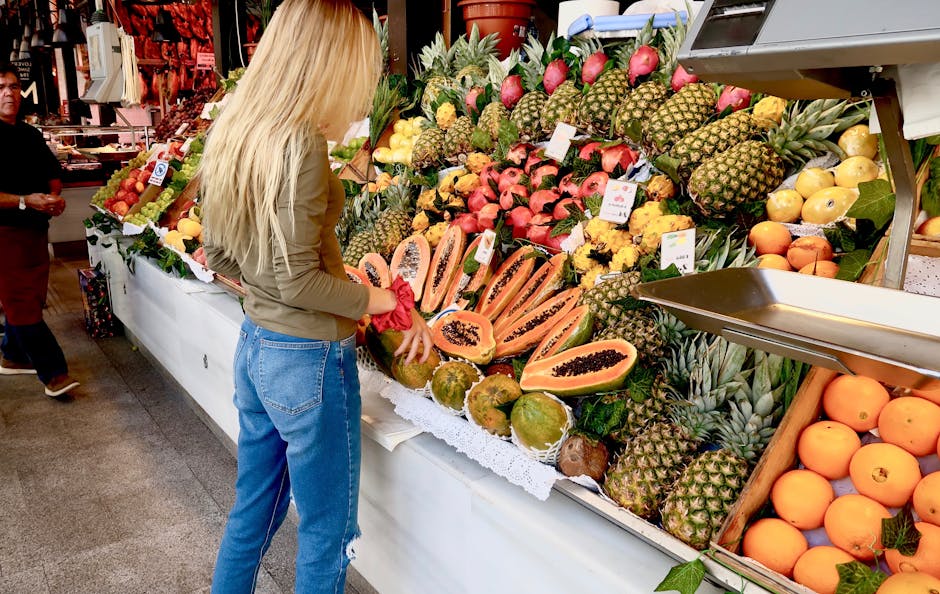 Colorful Spanish food market stall with fresh produce