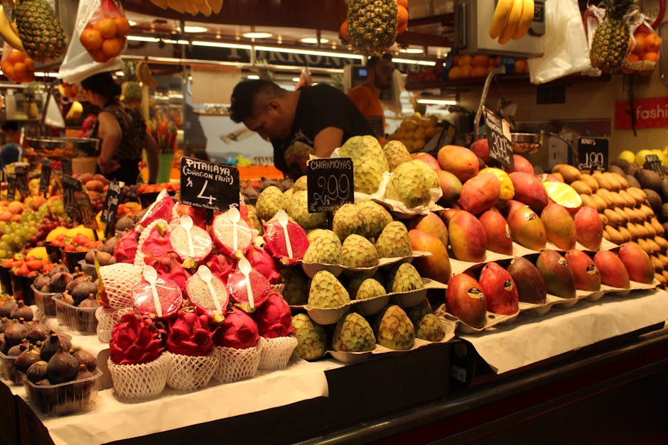 colorful street market stalls in Barcelona Spain