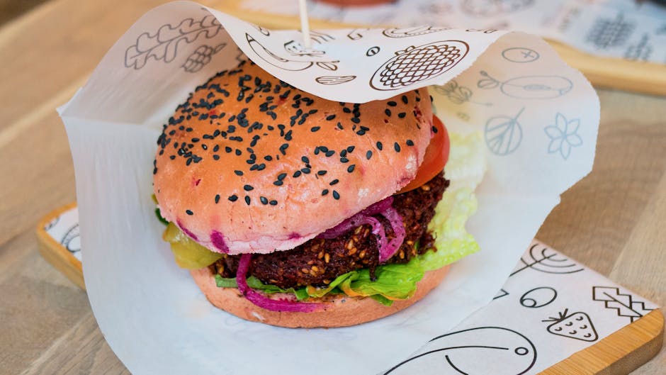 colorful vegan burgers and bowls in restaurant