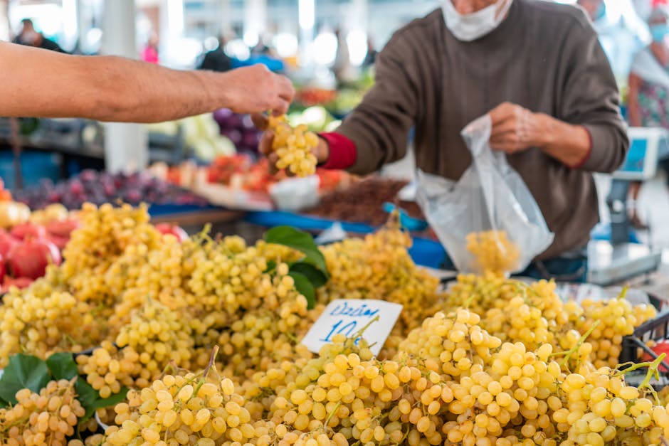 French farmer selling seasonal fruits at outdoor market