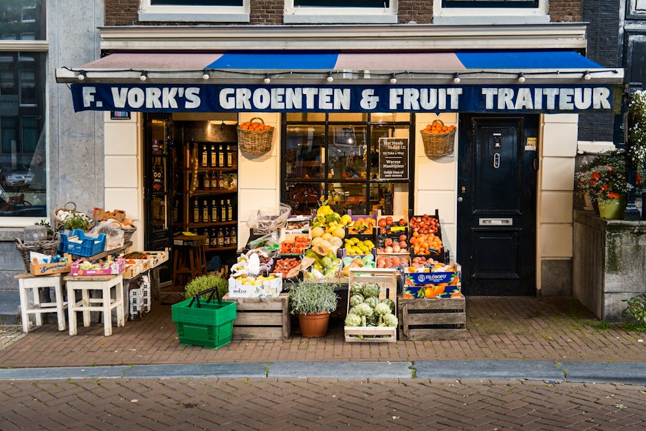 fresh fruits and vegetables display in European grocery store