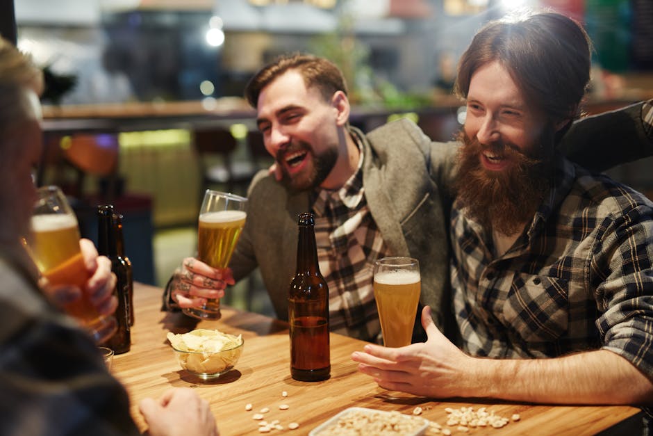 friends laughing at munich beer garden table