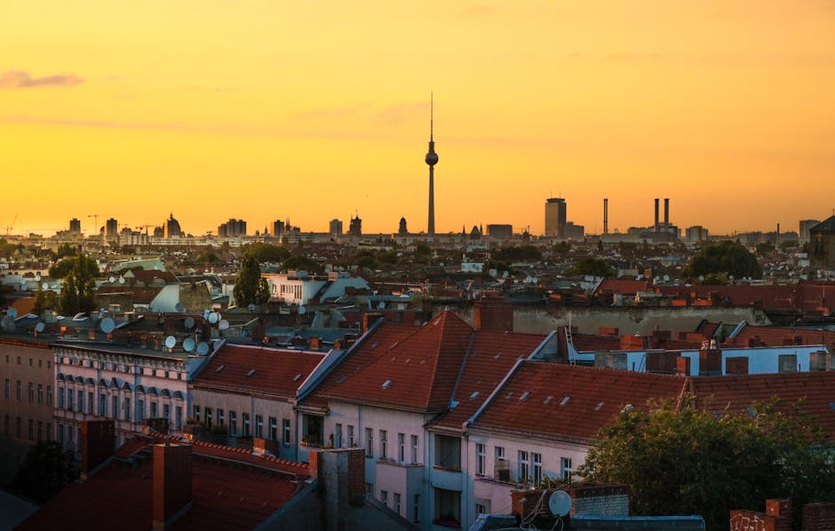 german city skyline at sunset with technology elements