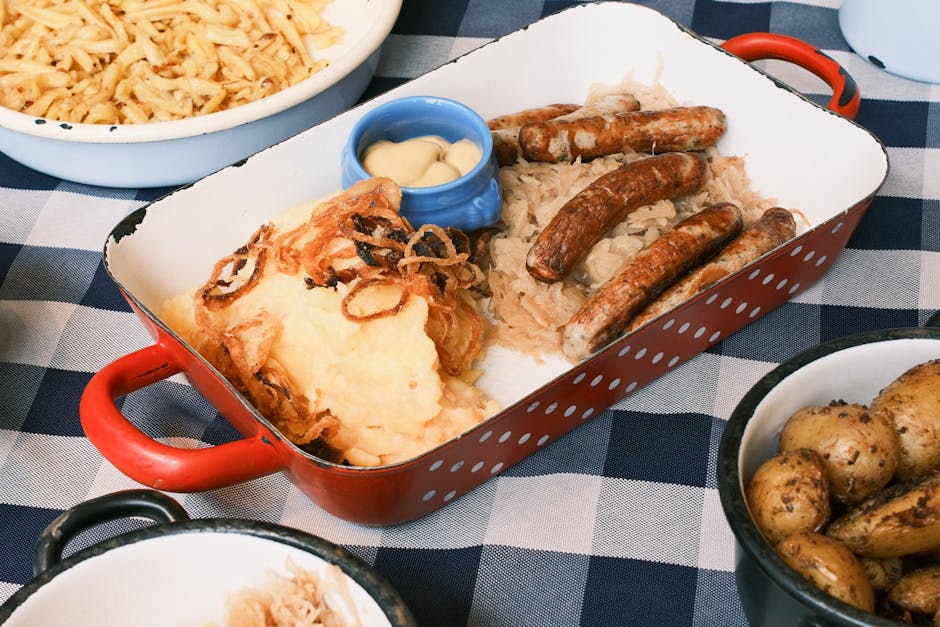 hearty german dinner with red cabbage and potato dumplings
