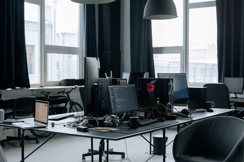 modern technology office interior with screens