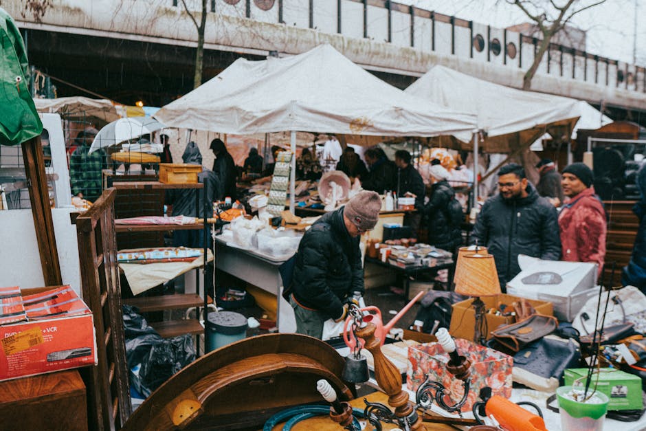 paris flea market with clothes stalls