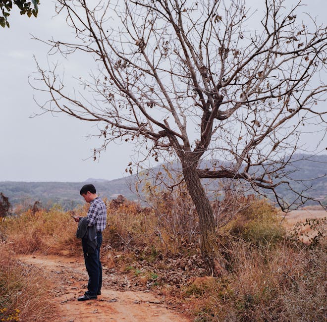 person checking smartphone signal in countryside