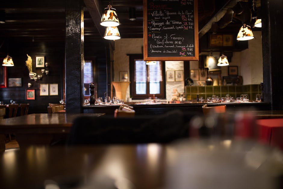 rustic German tavern interior with wooden tables and food