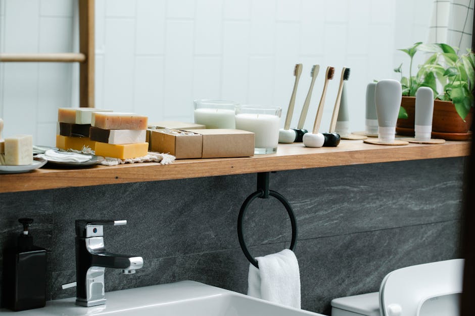 sustainable products on wooden shelf with green plant