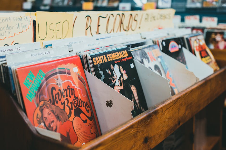 vinyl record collection at vintage store shelves